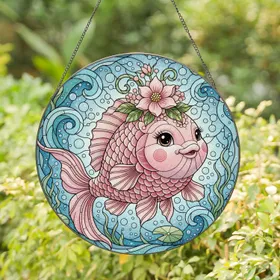 Tiffany Stained Glass Cartoon Chubby Fish Pink Gold Flower Ornate Fins Swirling Water Bubbles Stained Glass Suncatcher