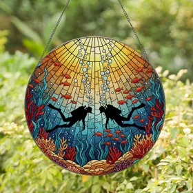 Scuba Divers Tiffany Stained Glass Ocean Scene - Underwater Fish Coral Sun Rays Bubbles Stained Glass Suncatcher