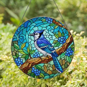Blue Jay Stained Glass Mosaic - Berries, Foliage, Tiffany Jewel Tones Stained Glass Suncatcher