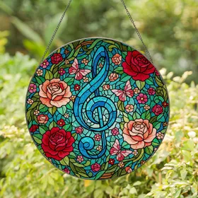 Glowing Blue Treble Clef Roses Butterflies Tiffany Stained Glass Intricate Mosaic Stained Glass Suncatcher