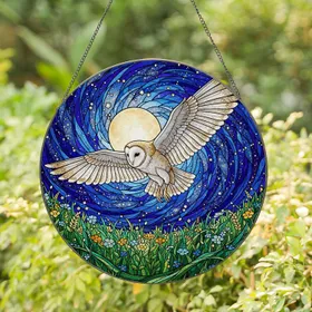 Majestic Barn Owl in Flight Full Moon Celestial Night Sky Tiffany Stained Glass Art Stained Glass Suncatcher