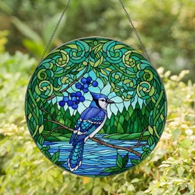 Blue Jay Stained Glass River Forest Foliage - Tiffany Style Nature Bird Watcher Present Stained Glass Suncatcher
