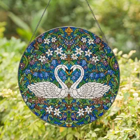 White Swans Heart Shape Stained Glass Tiffany Style - Dense Floral Botanical Mosaic Art Stained Glass Suncatcher