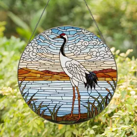Red-crowned Crane Stained Glass Wetland Landscape Mosaic - Tiffany Style Bird Art Stained Glass Suncatcher