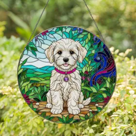 White Bichon Poodle Puppy Stained Glass Jewel Tone Pink Collar Landscape Gift Stained Glass Suncatcher