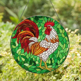 Rooster Stained Glass Tiffany Art Mosaic - Intricate Jewel Tones Translucent Decor Stained Glass Suncatcher