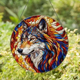 Majestic Wolf Head Stained Glass Art - Segmented Fur, Amber Eyes, Tiffany Style Mosaic Stained Glass Suncatcher