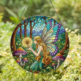 Fairy Butterfly Dandelion Mushroom Forest - Glowing Tiffany Style Mosaic Art Stained Glass Suncatcher