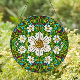 Tiffany Style Six-Petal White Flower Stained Glass Intricate Botanical Mosaic Glowing Jewel Tone Stained Glass Suncatcher