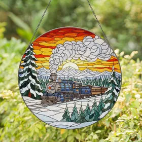 Vintage Steam Locomotive Train Winter Sunset Stained Glass Window Art Tiffany Style Stained Glass Suncatcher