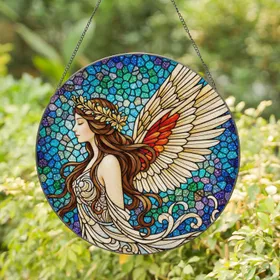Graceful Angelic Fairy Figure Stained Glass Art Jewel Tones - Ethereal Winged Home Decor Gift Stained Glass Suncatcher