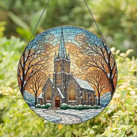 Snowy Church Cathedral, Winter Landscape Stained Glass Art, Christmas Holiday Decor Gift Stained Glass Suncatcher