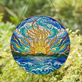 Tiffany Stained Glass Three Suns Ocean Mountain Mosaic Art - Swirling Sky Home Decor Stained Glass Suncatcher