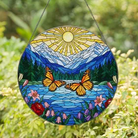 Monarch Butterfly Mountain Lake Stained Glass Style - Wildflower Nature Decor Art Stained Glass Suncatcher