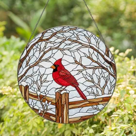 Red Cardinal on Snow Covered Fence Post - Tiffany Stained Glass Winter Home Decor Gift Stained Glass Suncatcher