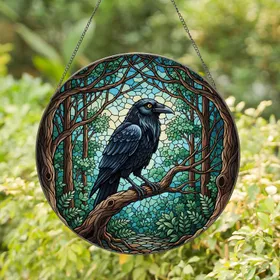 Black Raven Stained Glass Tree Branch Forest Canopy Dappled Sky Mosaic Translucent Stained Glass Suncatcher