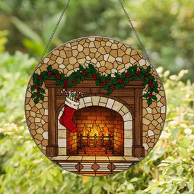 Tiffany Stained Glass Fireplace Lit Embers Christmas Stocking Holly Garland Holiday Gift Stained Glass Suncatcher