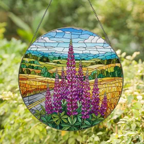 Vibrant Lupine Flowers Road Wheat Fields Tiffany Stained Glass Rolling Hills Gift Stained Glass Suncatcher