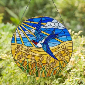 Blue Swallow Songbird Stained Glass Art, Radiant Sun & Wheat Field Mosaic Scene Stained Glass Suncatcher