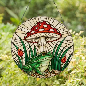 Green Frog Red Eyes Spotted Toadstool Stained Glass - Intricate Jewel Tone Nature Art Stained Glass Suncatcher