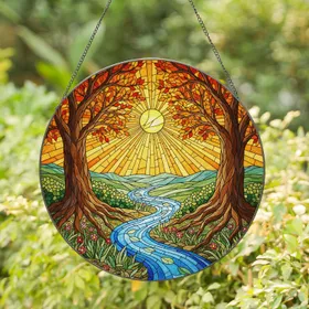 Blue River Autumn Trees Sunlight Landscape Tiffany Style Stained Glass Window Art Stained Glass Suncatcher
