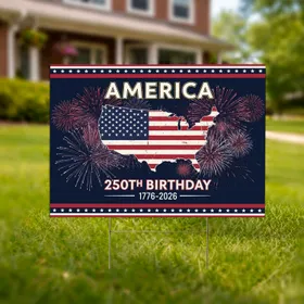 USA Map Flag Fireworks Patriotic America 250th Birthday 1776-2026 Commemoration Yard Sign