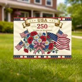 Patriotic Floral Bouquet American Flag USA 250th Anniversary 1776-2026 Independence Day Yard Sign