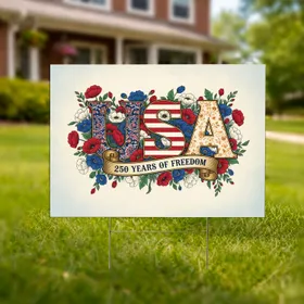 Patriotic USA Flag Letters 1776-2026 - Floral Poppies 250 Years of Freedom Celebration Yard Sign