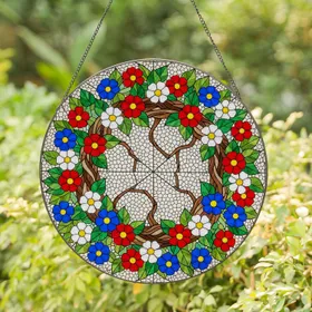 Tiffany Style Stained Glass Floral Wreath Brown Branches Red White Blue Flowers Mosaic Stained Glass Suncatcher