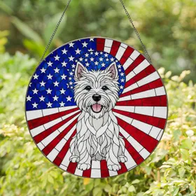 Cheerful Westie Dog American Flag Stained Glass - Patriotic Tiffany Art Gift for Pet Lovers Stained Glass Suncatcher