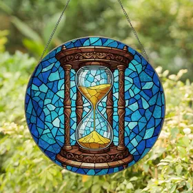 Ornate Hourglass Stained Glass Mosaic Art with Teal Blue Golden Yellow & Brown Tones Stained Glass Suncatcher