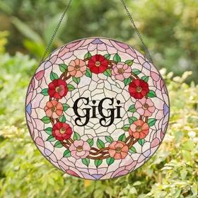 GiGi" Decorative Script Stained Glass Tiffany Camellia Flower Wreath Jewel Tone Sky Mosaic Stained Glass Suncatcher