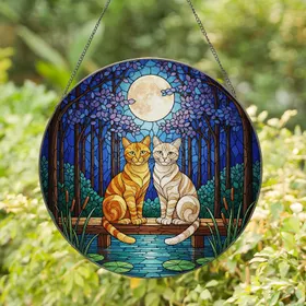 Orange Cream Tabby Cats Moon Water Lily Pads Night Sky Trees Tiffany Glass Style Jewel Tones Stained Glass Suncatcher