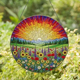 Tiffany Style Stained Glass Wildflower Meadow Landscape Radiant Sun Hills Sunset Sky Stained Glass Suncatcher