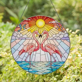Two Flamingos Heart Stained Glass Jewel Tone - Radiant Sunset Nature Birds Art Stained Glass Suncatcher