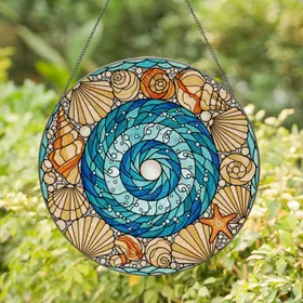 Ocean Wave Nautilus Shell Stained Glass Seashell Starfish Pearl - Beach Decor Gift Stained Glass Suncatcher