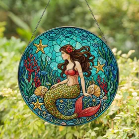 Stained Glass Mermaid, Ocean Life & Underwater Plants - Tiffany Jewel Tone Decor Gift Stained Glass Suncatcher