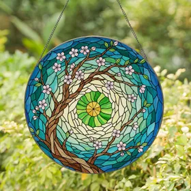 Coiled Green Caterpillar Cherry Blossom Tiffany Art - Gnarled Branch Pale Pink Blossoms Swirling Mosaic Stained Glass Suncatcher
