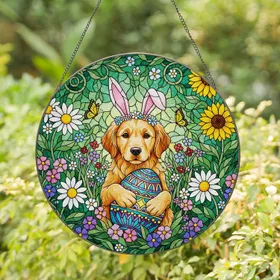 Golden Retriever Puppy Bunny Ears Easter Egg Mosaic Stained Glass Wildflowers Spring Gift Stained Glass Suncatcher