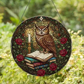 Detailed Wise Owl Stained Glass Ancient Book Lit Candle Crimson Roses Wisdom Art Stained Glass Suncatcher