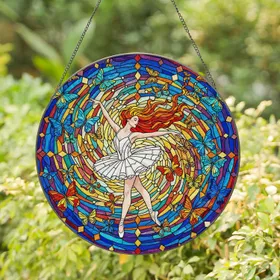 Ballerina Dancing Butterfly Stained Glass Art - Detailed Mosaic Geometric Glowing Pattern Stained Glass Suncatcher