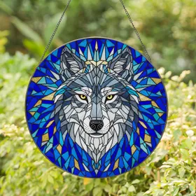 Majestic Wolf Head Stained Glass Mosaic Art - Geometric Crown Translucent Jewel Tones Stained Glass Suncatcher