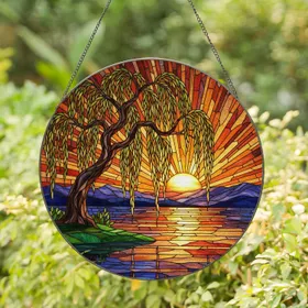 Stained Glass Willow Tree Sunset & Water Reflection - Tiffany Jewel Tone Art Gift Stained Glass Suncatcher