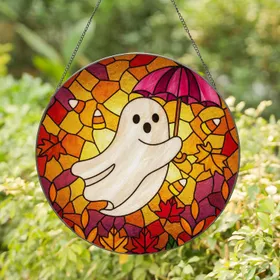 Ghost Umbrella Candy Corn Autumn Leaves Mosaic Stained Glass Fall Decor Halloween Stained Glass Suncatcher