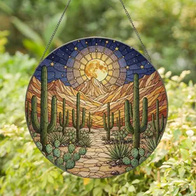 Stained Glass Desert Night Scene - Golden Full Moon, Saguaro Cactus, Mountain View Stained Glass Suncatcher