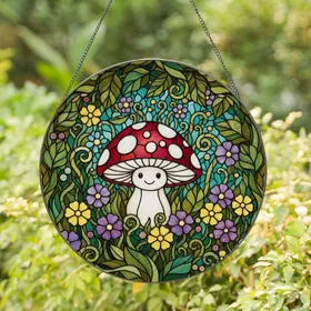 Detailed Tiffany Stained Glass Mushroom Character Forest Garden Botanical Mosaic Art Stained Glass Suncatcher