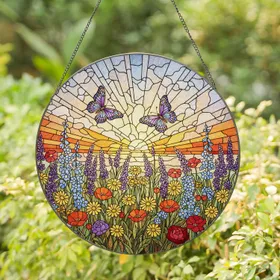 Tiffany Style Jewel Tone Stained Glass Meadow Flowers & Butterflies Gradient Sky Stained Glass Suncatcher