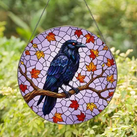 Black Crow Tiffany Stained Glass Mosaic Autumn Leaves - Glowing Red Eyes Window Art Stained Glass Suncatcher