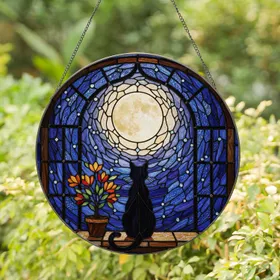 Black Cat Stained Glass Full Moon Window Sill Arched Frame Night Sky - Cat Lover Gift Stained Glass Suncatcher