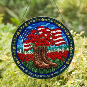 Military Combat Boots Poppies American Flag Gravestone Crosses - Veterans Remembrance Stained Glass Suncatcher